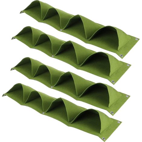 Set aus 4 wandmontierten Pflanzsäcken mit je 4 Fächern, biologisch abbaubare und wiederverwendbare Pflanzsäcke für Blumen, Obst und Gemüse, Gartengeräte mit Drainagesystem. (1/5)