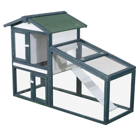 Cage en bois à double couche pour lapins et autres animaux de compagnie, conception à double porte, dimensions 140x65x100 cm, coloris vert et blanc. (1/5)