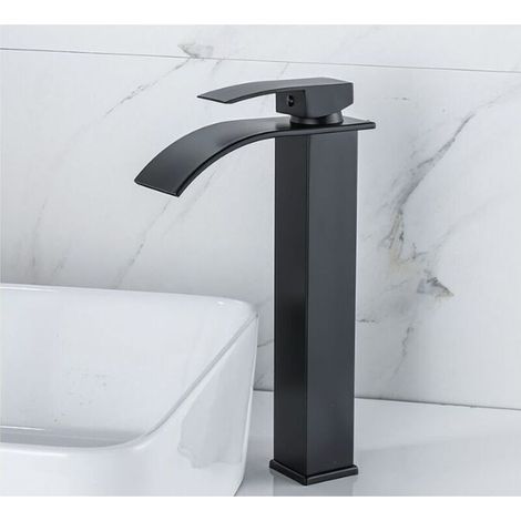 Robinet cascade en laque Lavabo à poser chaud et froid Toilettes Armoires de salle de bain Robinet monotrou Robinet de lavabo cascade, Mitigeur cascade noir, Robinet de salle de bain monotrou en laito (1/3)