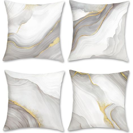 BEBUSINGOTO Housses de coussin décoratives en velours doux, motif marbre gris et doré, 45 x 45 cm, motif abstrait moderne, lot de 4 (1/5)