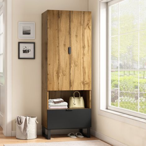 Kleiner Kleiderschrank mit 2 Türen, Schublade, Hängestange, verstellbaren Regalen, für Schlafzimmer, Wohnzimmer – Braun