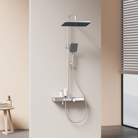 EMKE Thermostat Duschsystem mit 36cm Regendusche & 45cm Ablage, Anti-Verbrühung & Wanneneinlauf, Chrom
