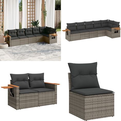 6-tlg. Garten-Sofagarnitur mit Kissen Grau Poly Rattan - Gartensofas - Outdoor Möbel - Lounge Set - Gartenlounge - Rattan Gartenmöbel - Home & Living (1/5)