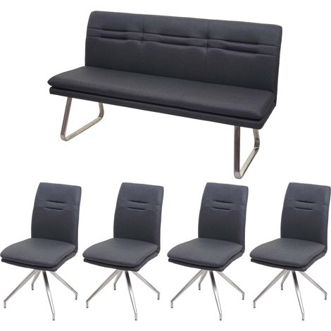 [NON UTILIZZATO] Set panca con 4x sedie sala pranzo soggiorno cucina HHG-922 tessuto acciaio inox grigio 160cm