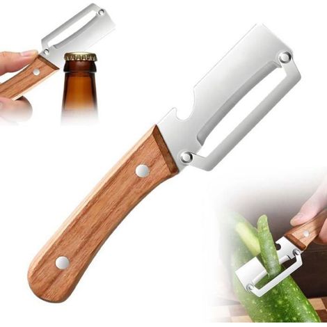 Éplucheur de Légumes 2-en-1 avec Manche en Bois–Couteau Éplucheur Multifonction en Acier Inoxydable avec Ouvre-Bouteille(1PCS) (1/4)