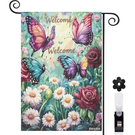 Drapeau de jardin papillons jaunes et fleurs blanches 30 x 45 cm décoration extérieure et cour (1/5)