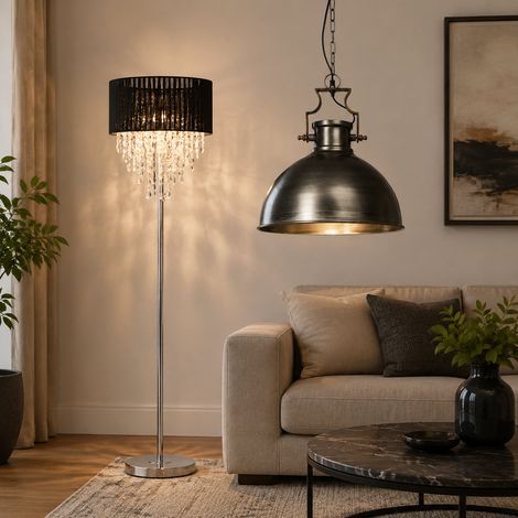 Dramatisches Beleuchtungsset (2-teilig) – Pendelleuchte aus Industriemetall und Stehlampe mit Organza-Kristall (1/5)