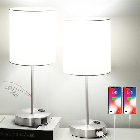 2er-Pack Schreibtischlampe mit USB-Ladeanschluss, Nachttischlampe mit AC-Steckdose, moderne minimalistische Schreibtischlampe mit Stoffschirm für Wohnzimmer, Schlafzimmer, Büro – Weiß