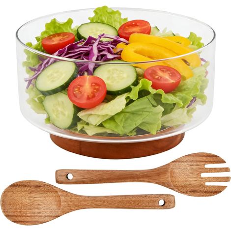 4200ML Ensemble de Saladiers en Verre avec Base en Bois D'acacia, Bols de Fête Grande Capacité avec Ustensiles de Service à Salade Plat de Service Polyvalent pour Salades Fruits Desser (1/5)