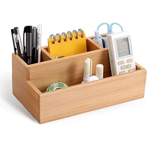 Schreibtisch-Organizer aus Bambus, 4 Fächer, Fernbedienungshalter, multifunktionale Aufbewahrungsbox für Stifte, Briefe, Schminkpinsel und Büro- und Haushaltsartikel. (1/5)