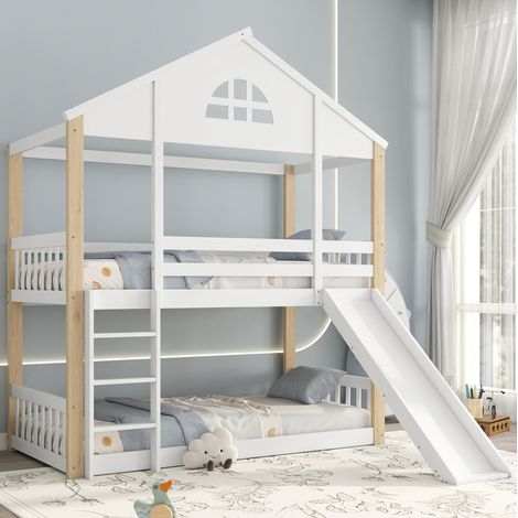 Lit superposé 90x200 avec toboggan bois blanc HAVRYA (1/5)