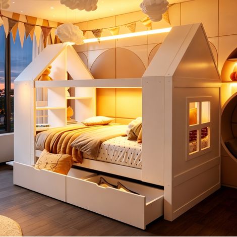 Cama infantil 90x200 cm blanca de madera maciza y MDF con LED, cajones y almacenaje (1/5)