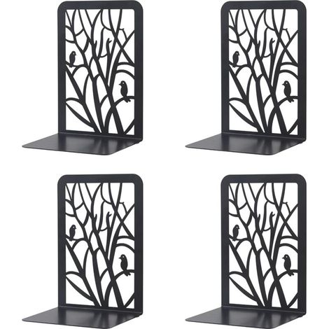 Metal Bookends, 2 Pairs Kids Bookends, Tree Design Bookends for Offices, Decorative, Shelves, Schools and Bookstores (Black)