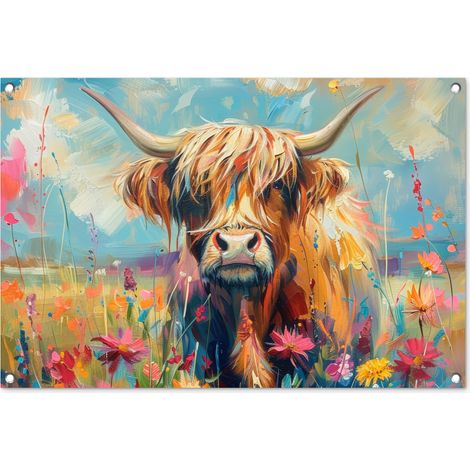 Balcony Privacy Banner Scottish highlander - Nature - Colorful - Flowers 90x60 cm (1/5)