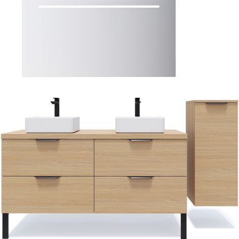 Meuble de salle de bain suspendu 2 vasques à poser 140cm 4 tiroirs Chêne clair + miroir + colonne ouverture droite - Soho (1/5)