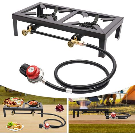 Réchaud à gaz 8 kW - Réchaud de camping - 2 feux - Industriel - Double brûleur - Tuyau de gaz propane de 1,2 m - Pour camping en plein air, pique-niques, randonnées, barbecues