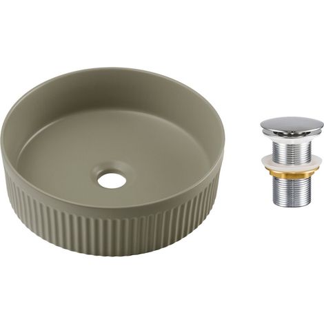 Lavabo da appoggio rotondo 36 cm verde oliva opaco in ceramica con rilievo decorativo e piletta click-clack