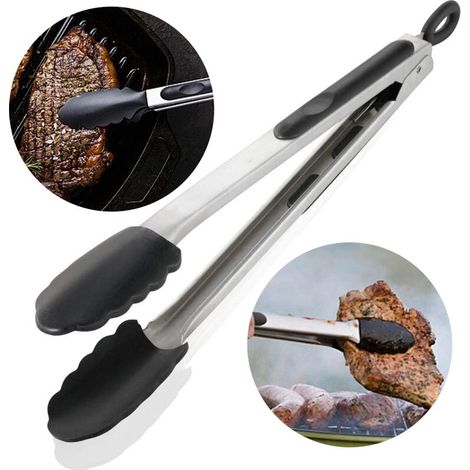 Pince de cuisine avec embouts en silicone antiadhésif résistant à la chaleur jusqu'à 315 °C et poignées en acier inoxydable, idéale pour griller les aliments, préparer des salades et faire des barbecu (1/5)