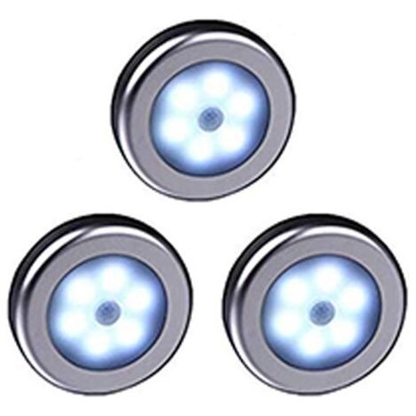 Lot de 3 luminaires LED avec détecteur de mouvement, à piles, avec fixation magnétique, pour dressings, armoires de cuisine, couloirs, escaliers, argent/noir (1/5)