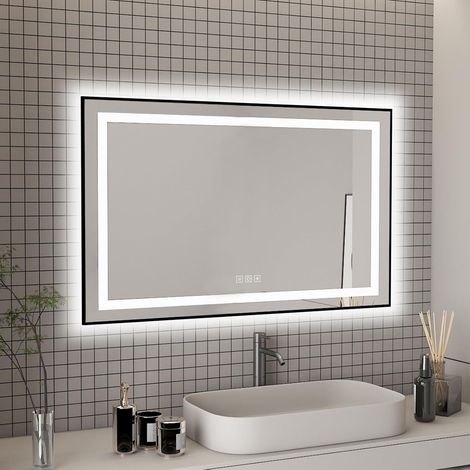 Miroir de salle de bain à LED avec cadre noir, 1000 x 600 mm, miroir cosmétique mural avec rétroéclairage, fonction mémoire, intensité variable, anti-buée (horizontal/vertical) (1/5)