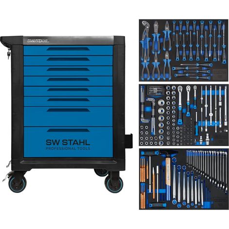 SW-Stahl Z3116 Profi Werkstattwagen TT801 blau I 8 Schubladen I 3 Schubladen gefüllt I 213 teilig I Werkstatt Rollwagen mit Werkzeug bestückt I Twin-Lock I Werkstattwagen kit I voll ausgestattet (1/5)