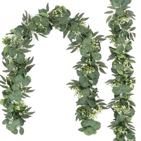 Künstliche Eukalyptus Girlande mit Weidenblättern und weißen Blüten, 2 Stück (1/5)