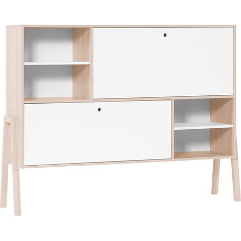 Commode 2 portes avec niches de rangement en bois imitation chêne clair et blanc - CO17031 (1/4)