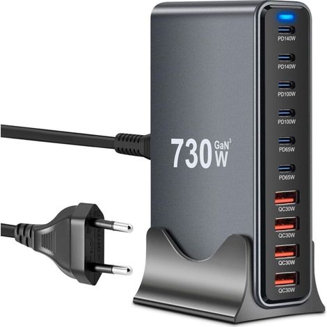 GaN III Chargeur USB C 730 W avec 10 ports, chargeur rapide USB GaN III avec 6 ports USB-C et 4 ports USB-A, Power Delivery, station de charge USBC pour MacBook Pro/Air, iPhone, iPad, Samsung plus (1/5)