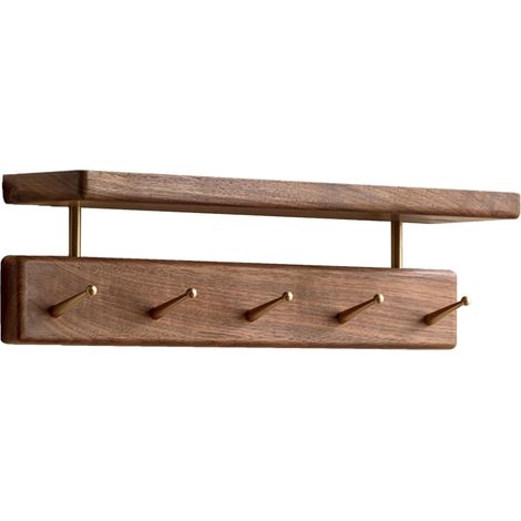 JSSEVN - Solid Black Walnut Wall-Mounted Coat Rack, 5 Brass Hooks, Wall-Mounted Key Holder with Shelf, Wall Hook for Clothes and Towels, Natural Black Walnut (1/5)