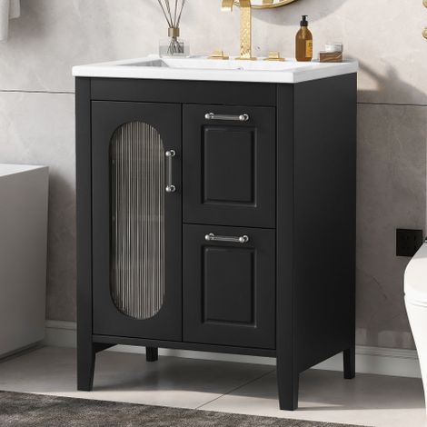 Tocador de 24 pulgadas con lavabo, mueble con dos cajones y una puerta, estante ajustable, madera maciza y MDF, negro (1/5)