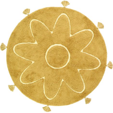 Tapis Rond pour Chambre d'Enfant en Coton avec Pompons et Sous-Tapis Antidérapant Jaune Mangue - PANGIVO (1/5)