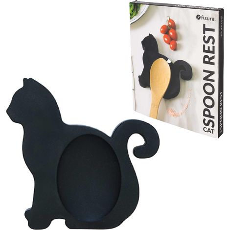 Repose-cuillère en forme de chat. Repose-cuillère support en silicone. Porte-cuillère pour plan de travail de Cuisine noir. 12x12 centimètres. (1/5)