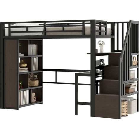 Lit mezzanine 90 x 200 cm avec bureau, étagères, escalier de rangement et LED connectée, structure métal et MDF, sans matelas, noir  CHICFURN (1/5)