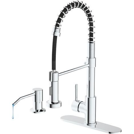 Robinet de cuisine avec douchette extensible - Robinet de cuisine avec ressort pivotant à 360° - Robinet de cuisine avec distributeur de savon et plaque de recouvrement - Mitigeur d'évier en laiton (1/5)