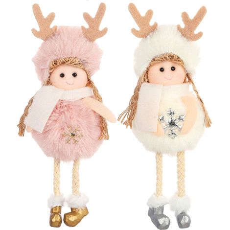 Décoration de Noël 2 Pièces Elk Ange Poupée Pendentif Arbre Ornements Suspendus Artisanat de Noël Elfes Décorations Rose et Blanc (Angel-Elk) (1/2)