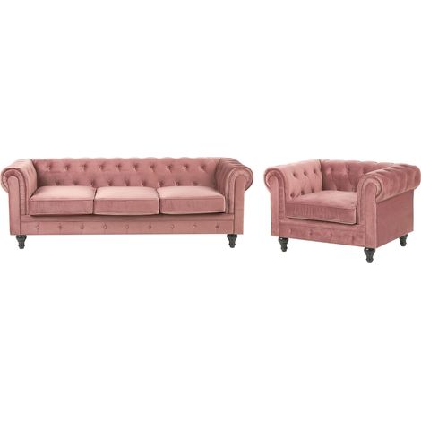 Set da Salotto Divano + Poltrona Chesterfield Velluto Rosa Gambe Nere Chesterfield