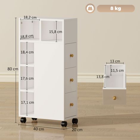 Meuble de salle de bain étroit, meuble à roulettes, 3 tiroirs, 5 compartiments ouverts, 20 x 40 x 80 cm, blanc (1/5)