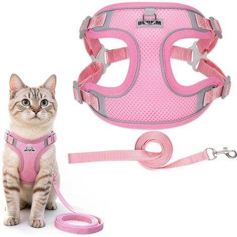 Harnais Réglable pour Chat, Conception Anti-Fugue, Accessoire Adapté aux Chatons, Chats et Chiots, Laisse pour Chat avec Bandes Réfléchissantes et Tissu en Maille Respirante (Rose, Taille S) (1/5)