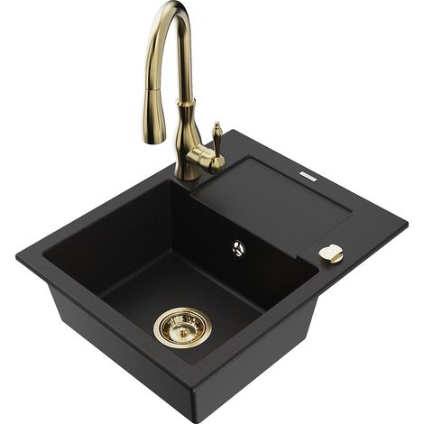 Mexen Enzo fregadero de granito de 1 taz贸n con escurridor y grifo de cocina Savita, negro - 6506-77-672601-50 (1/5)