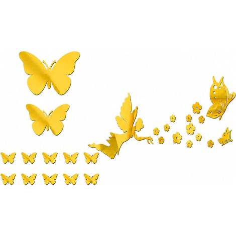 28 pièces stickers muraux miroir acrylique doré, papillons et anges autocollants 3D, décoration murale amovible pour salon chambre couloir enfant déco dorée maison fête murale (1/5)