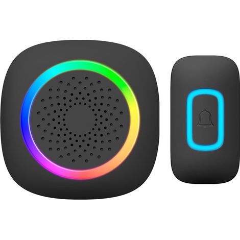 Sonnette sans fil, sonnette noire avec 60 sonneries, LED RGB, 3 modes de signalisation, portée de 300 m - Sonnette pour la maison et le bureau (à piles) (1/5)