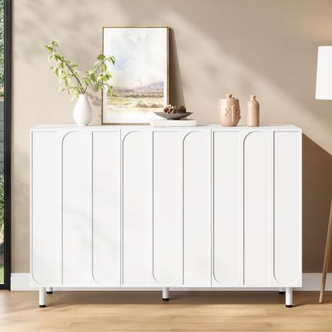 Buffet meuble à chaussures 2-en-1 120x37x80 cm, 3 portes, étagères réglables, façade relief arqué, MDF/PB, blanc (1/5)
