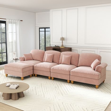 Klassisches modulares L-förmiges 4-Sitzer Sofa aus Chenille mit Trichter-Armlehnen, abnehmbarer Rüschenschürze, spindelförmigen Beinen & beweglichem Hocker – Tiefer, bequemer Sitz fürs Wohnzimmer,rosa