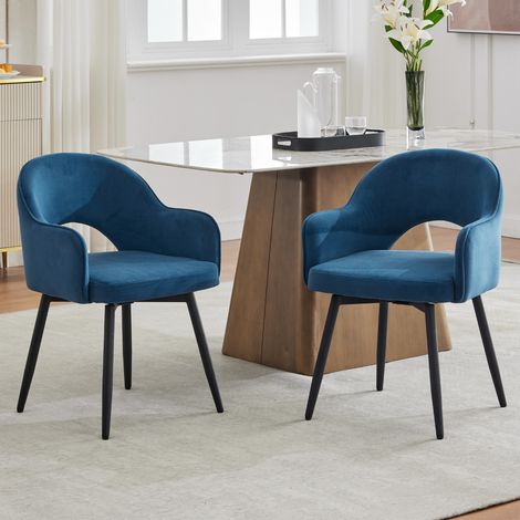 Wahson Lot de 2 chaises en velours bleu – Chaise salle à manger moderne avec accoudoirs – Rembourrage mousse haute densité – Pieds métal durables, Bleu