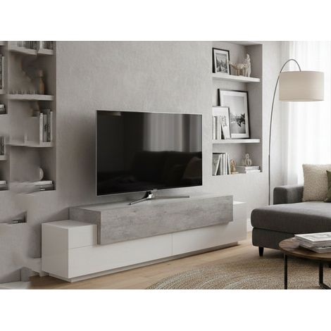 Dmora Mueble para TV para sala de estar, Made in Italy, Mueble para TV con 3 puertas y estantes, cm 200x45h52, Blanco brillante y color cemento, con embalaje reforzado (1/4)
