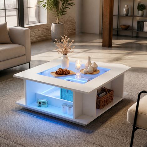 Tavolino da caffè quadrato 70 x 70 x 30 cm con contenitore, piano in vetro, LED USB, bianco HAVRYA (1/5)