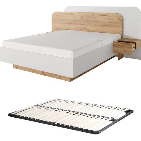 Letto con comodini 160 x 200 cm Con LED  Naturale e Bianco + Rete  - DESADO