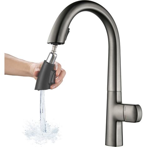 Flexible Robinet Cuisine Gris, Mitigeur Cuisine Avec Douchette, Rotation à 360°, Arc Haut, 2 Modes De PulvéRisation, Robinet Evier De Cuisine En Laiton (1/5)