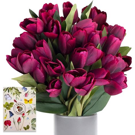 SnailGarden 3 Strauße/27 Köpfe Dunkellila Künstliche Tulpen Blumen,Seide Kunstblumen Tulpen Strauß mit 1 Grußkarte, Kunst Tulpen Deko für Hochzeit Hause Party Festival Blumenarrangement (1/5)