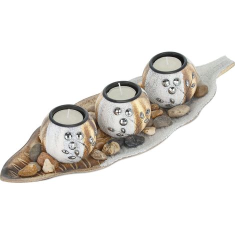 Porte-Bougies lot, 3 bougeoirs Rond pour Bougies Chauffe-Plat, Plateau Forme Feuille, Pierres, Marron-Blanc (1/5)
